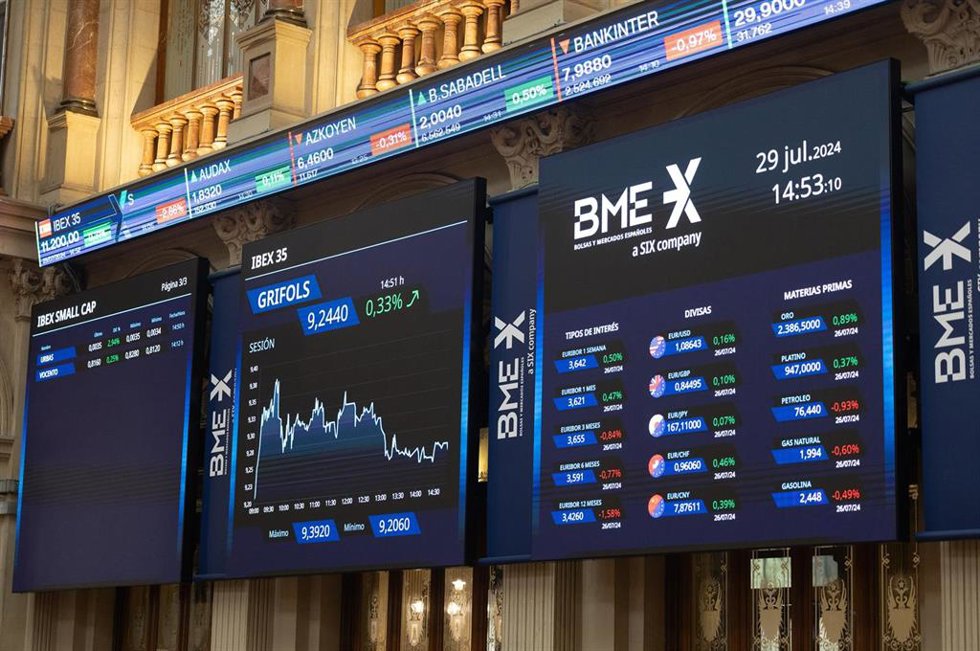 Archivo - Un panel del Ibex 35, en el Palacio de la Bolsa, a 29 de julio de 2024, en Madrid (España). 