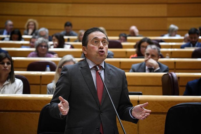 El ministro de Asuntos Exteriores, Unión Europea y Cooperación, José Manuel Albares, interviene durante una sesión de control, en el Senado, a 25 de febrero de 2025, en Madrid (España). 