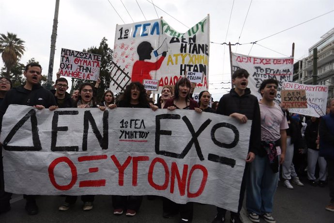 February 28, 2025, Athens, Greece: Protesters gather  in central Athens, Greece to mark two years since a deadly rail disaster that has also triggered hundreds of other demonstrations and a general strike