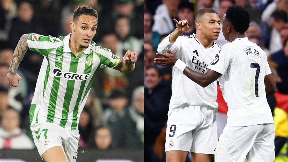 El atacante del Real Betis Antony Matheus dos Santos, y los delanteros mdridistas Kylian Mbappé y Vinícius Júnior.