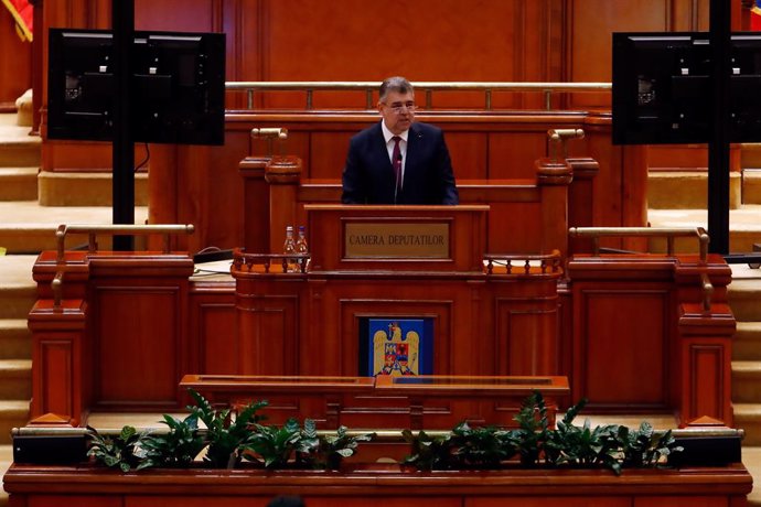 BUCHAREST, Feb. 28, 2025  -- Romania's Prime Minister Marcel Ciolacu is seen during a censorship motion against his government at the Parliament Palace in Bucharest, Romania, Feb. 28, 2025. The Romanian Parliament rejected a motion of no confidence agains