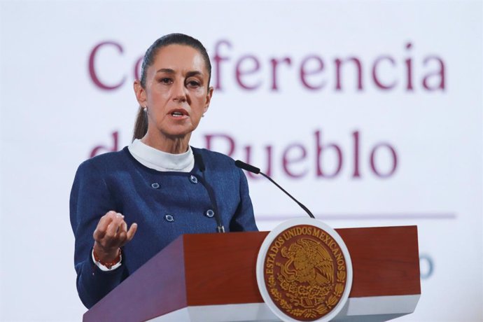 February 26, 2025, Mexico City, Cdmx, Mexico: Mexico's President,  Claudia Sheinbaum Pardo speaking during a briefing conference about the National Road Infrastructure Program and the reform against nepotism and no reelection held at the National Palace. 