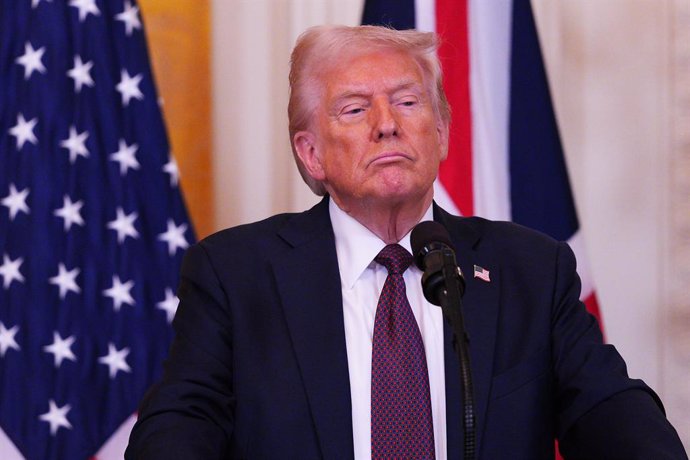 28 February 2025, US, Washington Dc: US President Donald Trump speaks during a joint press conference with British Prime Minister Keir Starmer (not pictured) in the East Room at the White House in Washington DC after their meeting in the Oval Office. Phot