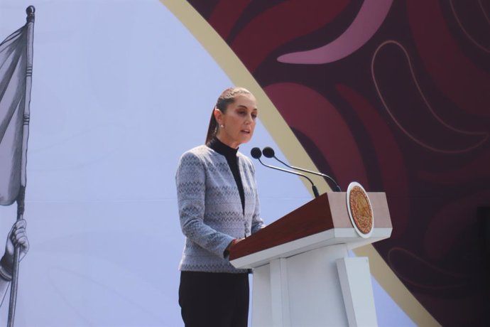 Mexico's President Claudia Sheinbaum Pardo during the ceremony of the state funeral commemorating the 500th anniversary of the execution of Cuauhtémoc, the last hueytlatoani of the Mexica empire at main square Zocalo. on February 28, 2025 in Mexico City, 