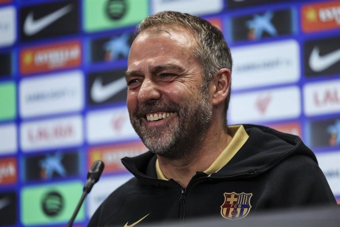 Hansi Flick, head coach of FC Barcelona attends his press conference during the training day of FC Barcelona ahead the Spanish League, La Liga EA Sports, football match against UD Las Palmas at Ciudad Esportiva Joan Gamper on February 21, 2025 in Sant J