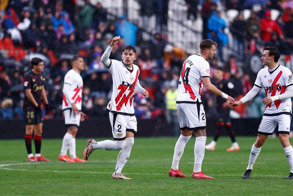 Andrei Ratiu of Rayo Vallecano celebrates a goal during the Spanish League, LaLiga EA Sports, football match played between Rayo Vallecano and Sevilla FC at Estadio de Vallecas on March 1, 2025, in Madrid, Spain.