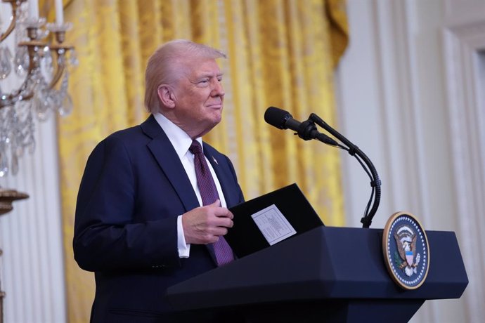 February 27, 2025, Washington, District Of Columbia, USA: United States President Donald J Trump and Prime Minister Keir Starmer of the United Kingdom conduct a joint press conference in the East Room of the White House in Washington, DC, on Thursday, Feb