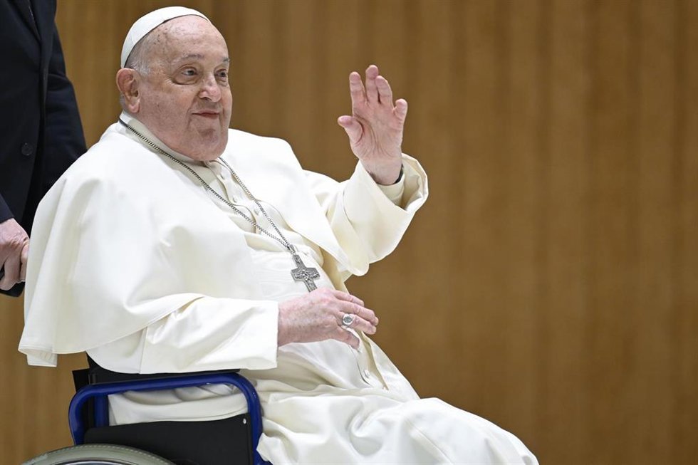 Pope Francis speaks during his weekly general audience in the Paul VI hall at the Vatican.