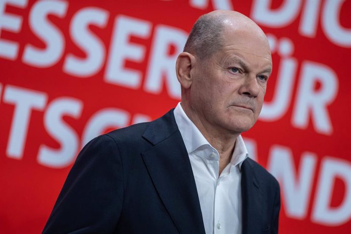 BERLIN, Feb. 24, 2025  -- German Chancellor Olaf Scholz attends a campaign event at the headquarters of the Social Democratic Party (SPD) in Berlin, Germany, Feb. 23, 2025.   Germany's conservative bloc, the Christian Democratic Union (CDU) and the Christ