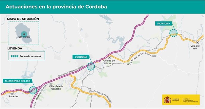 Actuaciones previstas en la provincia de Córdoba: estudio para crear una nueva estación o apeadero en la capital, al este de la actual central; y estudio para reabrir las estaciones de Montoro y Almodóvar del Río.