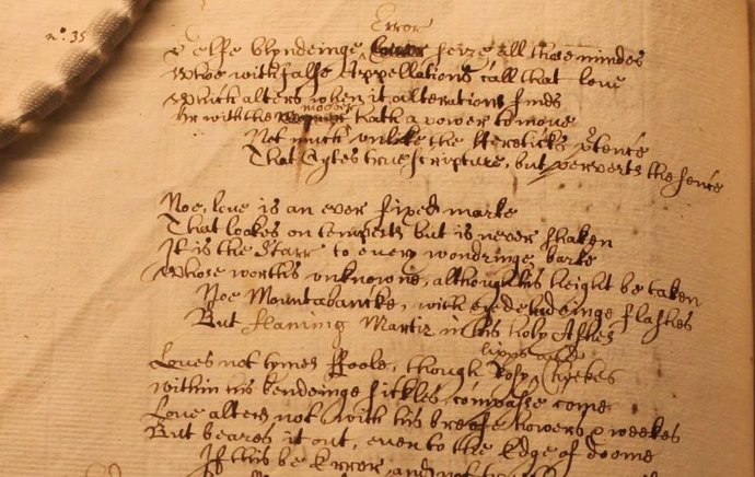 Soneto 116 de Shakespeare, rara cópia manuscrita nos documentos de Elias Ashmole.