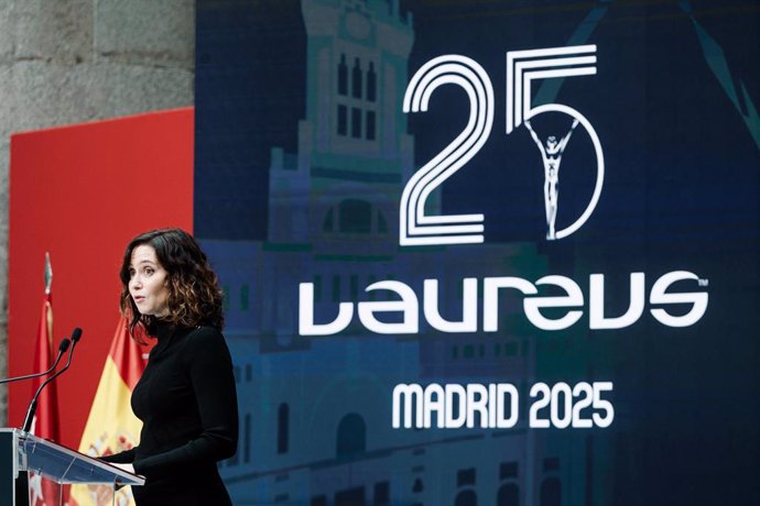 La presidenta de la Comunidad de Madrid, Isabel Díaz Ayuso, interviene durante el acto en el que se dan a conocer a los nominados a los Premios Laureus del Deporte Mundial 2025, en la Real Casa de Correos, a 3 de marzo de 2025, en Madrid (España). Los gal