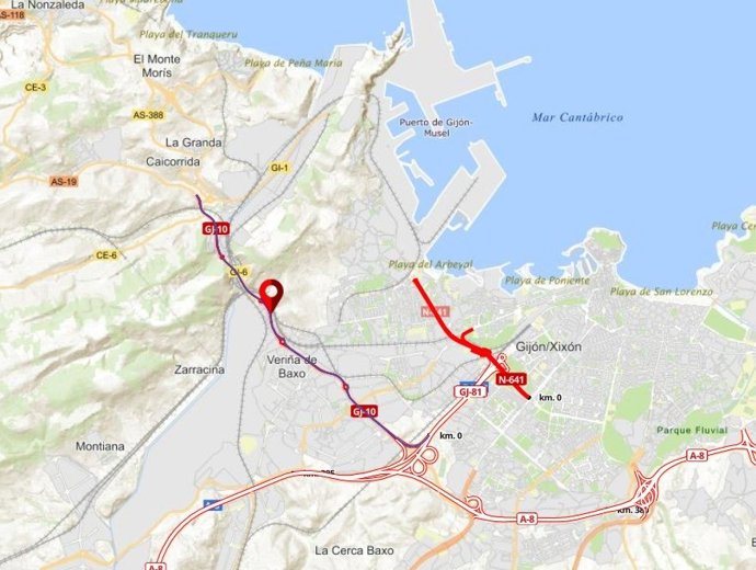 Tramo afectado por cortes de tráfico en la carretera GJ-10 Lloreda - El Empalme, debido a labores de desbroce y tala.