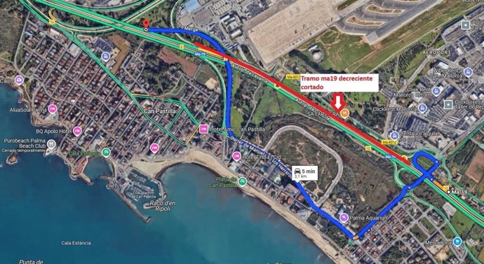 Tramo de la Ma-19 cortado por obras y ruta alternativa por la que se podrá circular.