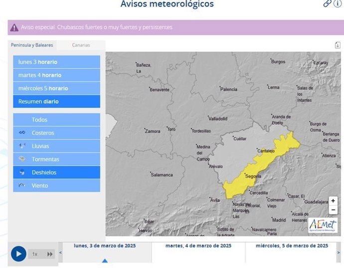 Mapa elaborado por la Aemet con la zona afectada por el aviso por deshielo