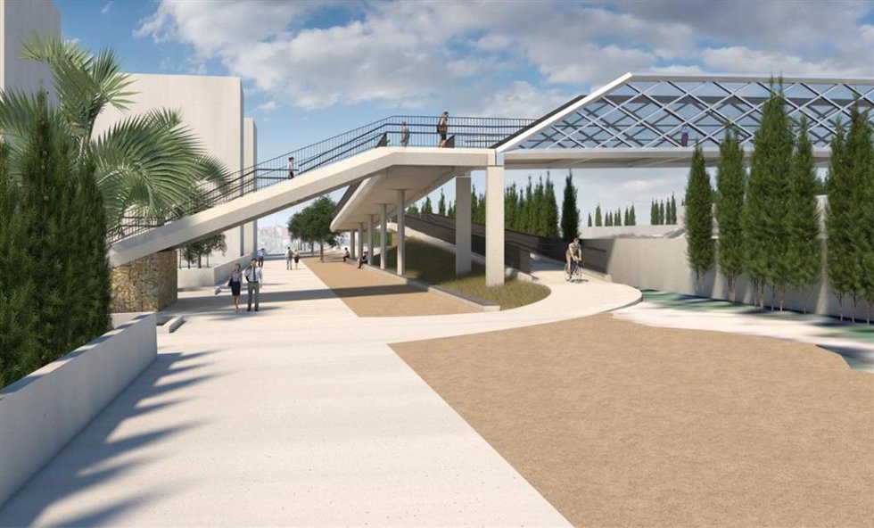 Recreación virtual de la futura pasarela peatonal de Altabix en Elche (Alicante).