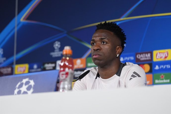 Vinicius Junior attends his press conference ahead of the UEFA Champions League, football match against Atletico de Madrid, at Ciudad Deportiva Real Madrid on March 03, 2025, in Madrid, Spain.