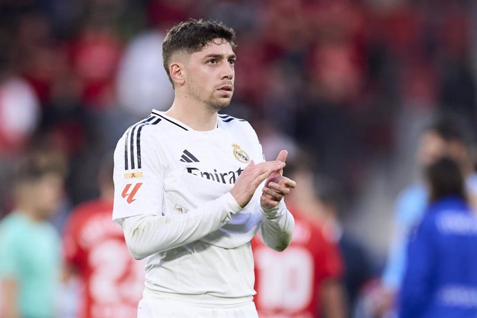 Fede Valverde of Real Madrid CF reacts during the LaLiga EA Sports match between CA Osasuna and Real Madrid CF at El Sadar on February 15, 2025, in Pamplona, Spain.