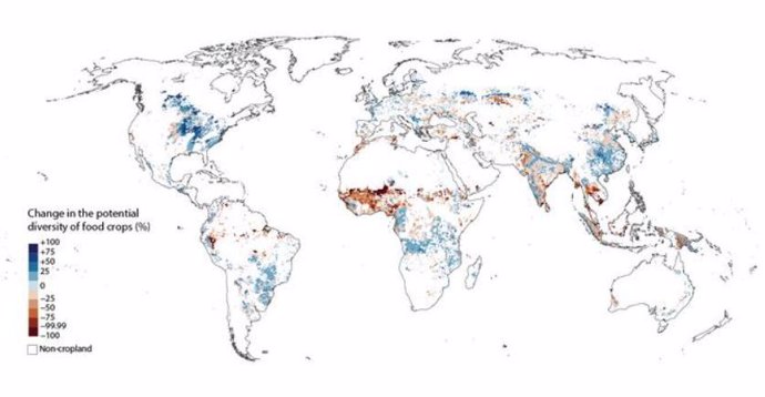 Mudança na diversidade potencial de culturas alimentares no cenário de aquecimento global de +2°C em comparação com o cenário de negócios como de costume (%).