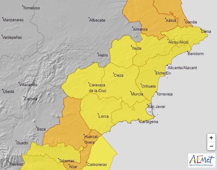 Mapa que refleja los avisos meteorológicos adversos activos en la Región de Murcia