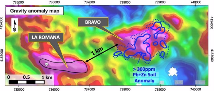 Figure 1 - Bravo gravity target and Pb+Zn soil anomaly, showing proximity to the La Romana gravity anomaly