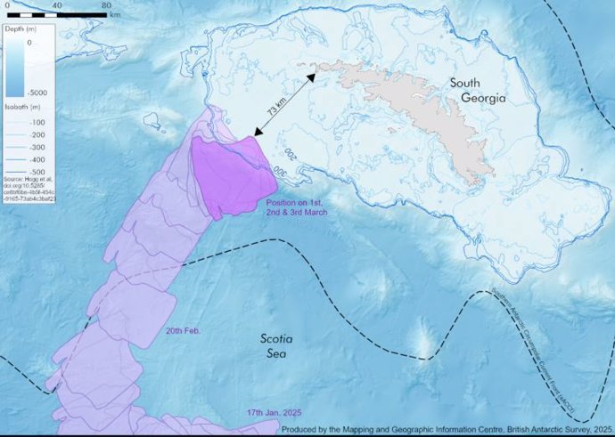 O gráfico mostra a rota percorrida pelo iceberg A23a desde 17 de janeiro de 2025 e que permaneceu estática desde 1º de março.
