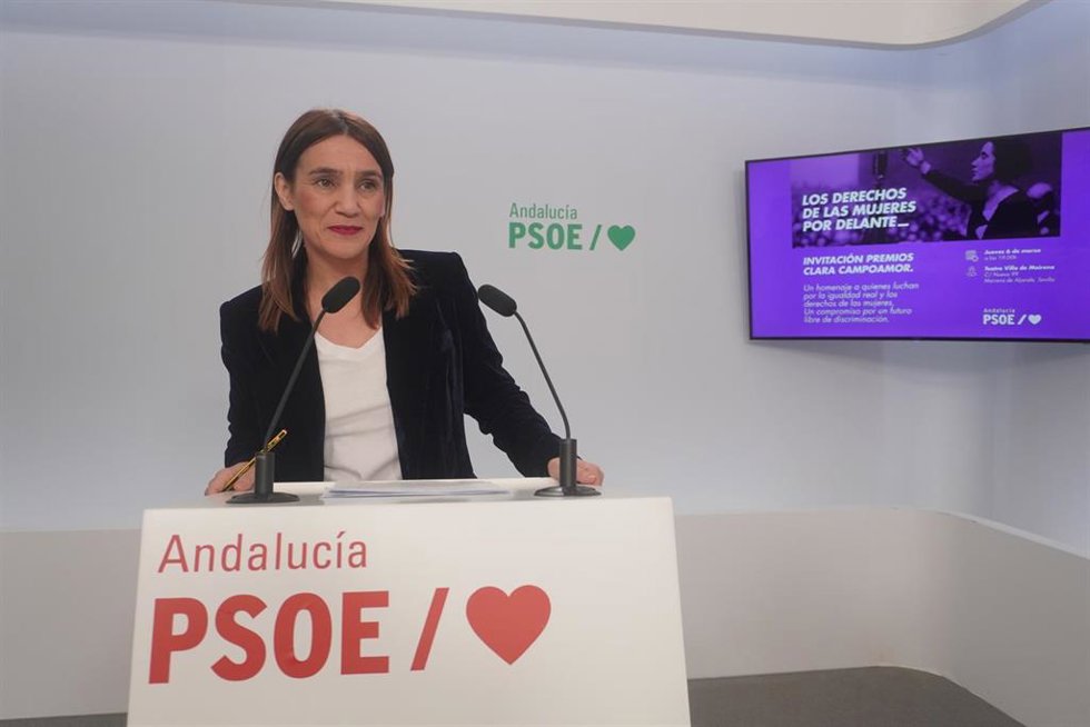 La secretaria de Igualdad del PSOE-A, Olga Manzano, en rueda de prensa en Sevilla.