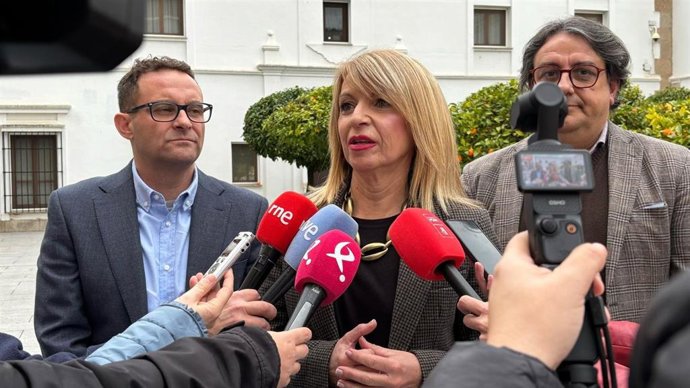 La portavoz del Grupo Parlamentario Socialista en la Asamblea de Extremadura, Piedad Álvarez, atiende a los medios de comunicación
