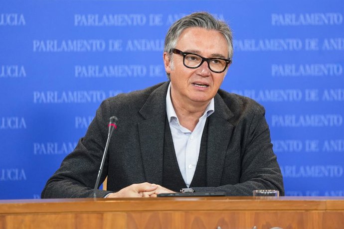 El portavoz del grupo parlamentario Vox en Andalucía, Manuel Gavira, en rueda de prensa en el Parlamento. (Foto de archivo).