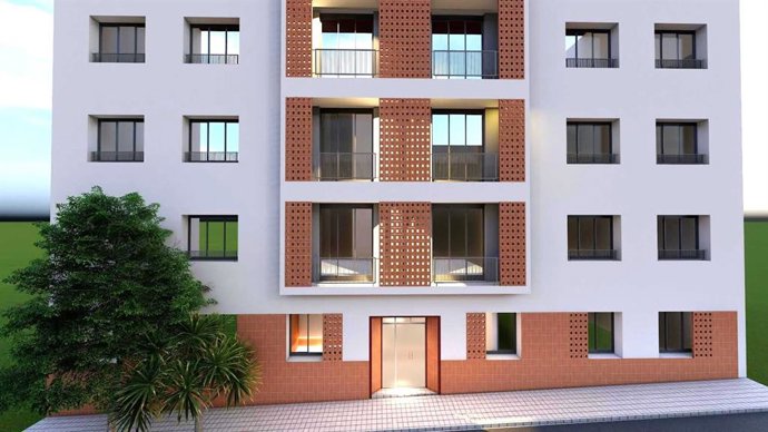 Recreación del edificio rehabilitado con 14 viviendas sociales en el barrio de San Gabriel.