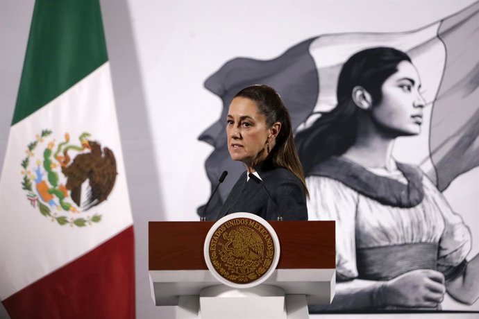 Claudia Sheinbaum Pardo, President of Mexico, speaking  about Fentanyl seizures at the southwest border during a briefing conference at National Palace. on March 3, 2025 in Mexico City, Mexico.