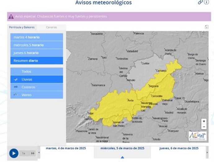 Mapa elaborado por la Aemet sobre la previsión de las zonas afectadas por lluvias persistentes en CyL