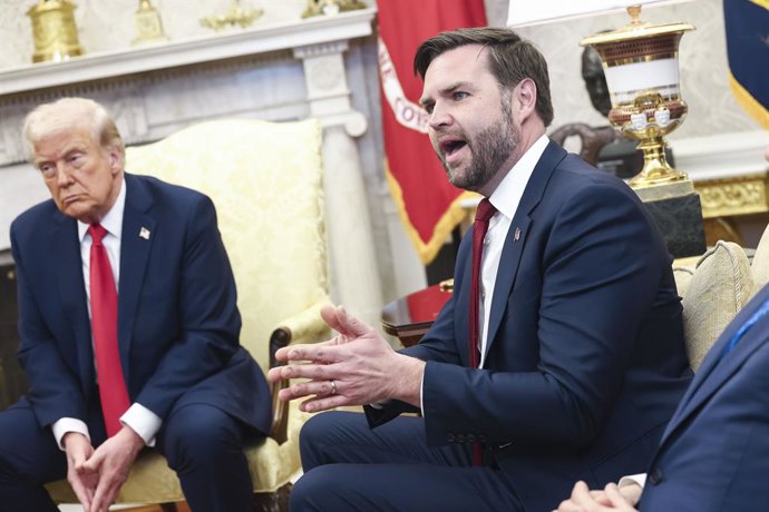 February 28, 2025, Washington, District Of Columbia, USA: US Vice President JD Vance (R) speaks while attending a meeting between US President Donald Trump (L) and Ukrainian President Volodymyr Zelensky in the Oval Office of the White House in Washington,