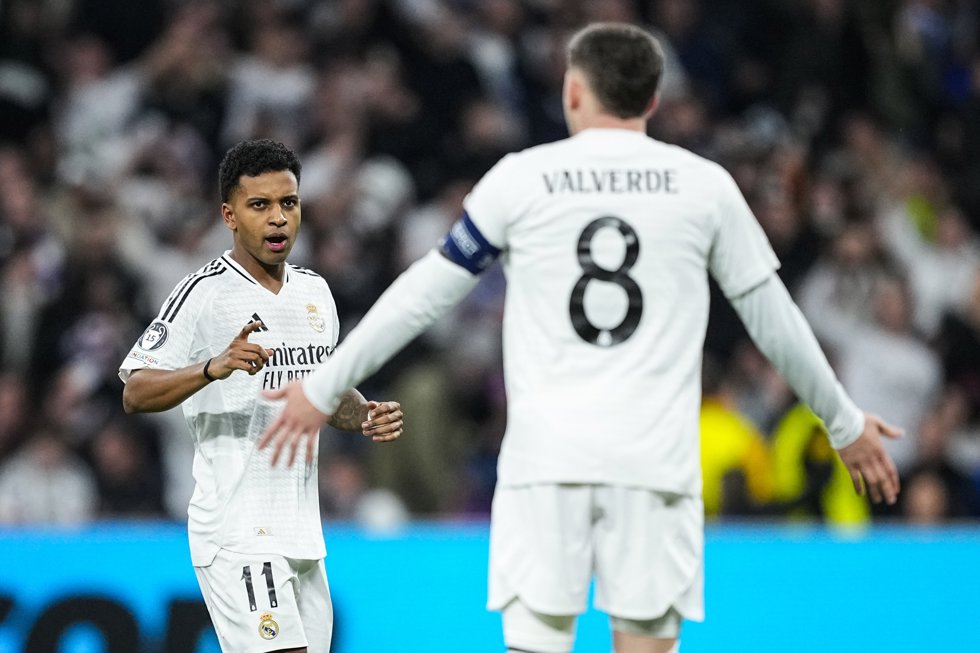 Rodrygo Goes of Real Madrid celebrates a goal during the UEFA Champions League 2024/25  League Round of 16 First Leg match between Real Madrid CF and Atletico de Madrid, at Santiago Bernabeu stadium on March 04, 2025, in Madrid, Spain.