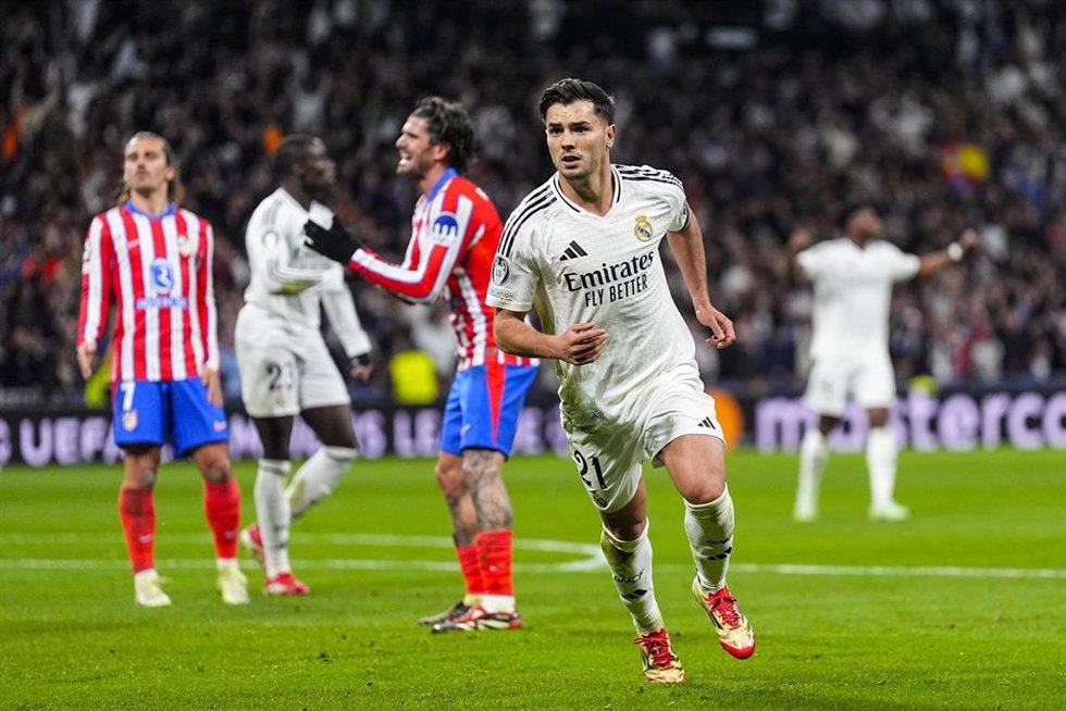 Brahim Diaz of Real Madrid celebrates a goal during the UEFA Champions League 2024/25  League Round of 16 First Leg match between Real Madrid CF and Atletico de Madrid, at Santiago Bernabeu stadium on March 04, 2025, in Madrid, Spain.