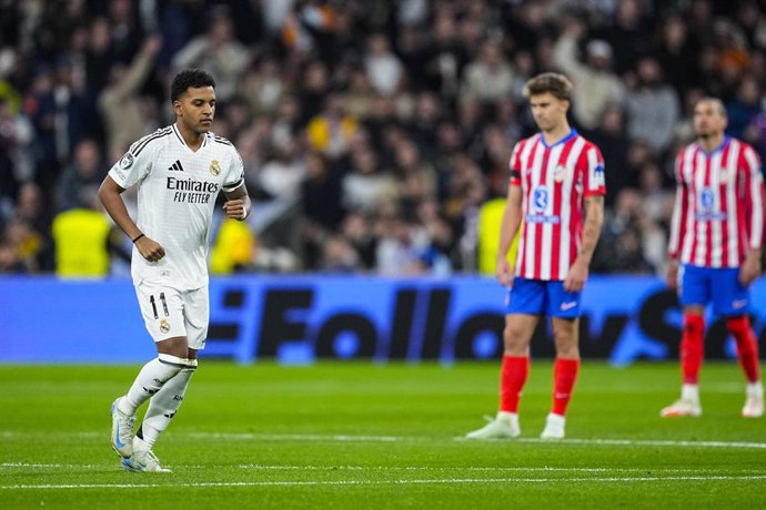 Rodrygo Goes of Real Madrid celebrates a goal during the UEFA Champions League 2024/25  League Round of 16 First Leg match between Real Madrid CF and Atletico de Madrid, at Santiago Bernabeu stadium on March 04, 2025, in Madrid, Spain.