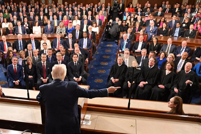 March 4, 2025, Washington, White House, USA: US President Donald Trump gestures as he speaks during an address to a joint session of Congress at the US Capitol in Washington, DC, on March 4, 2025