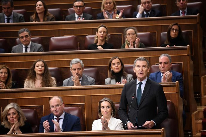 Archivo - El presidente del PP, Alberto Núñez Feijóo, interviene durante una sesión de control al Gobierno en el Congreso de los Diputados.