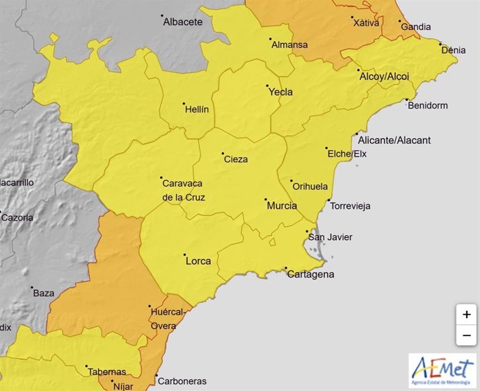 Mapa que muestra los avisos activos en la Región de Murcia