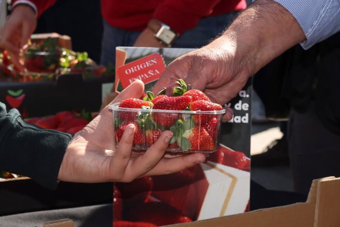 Reparto de tarrinas de fresas de Huelva