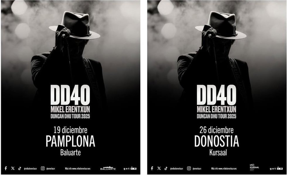 Carteles de los conciertos de Mikel Erentxun en Pamplona y San Sebastián.