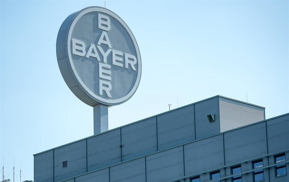 Archivo - Logo de Bayer en una de sus plantas en Alemania.