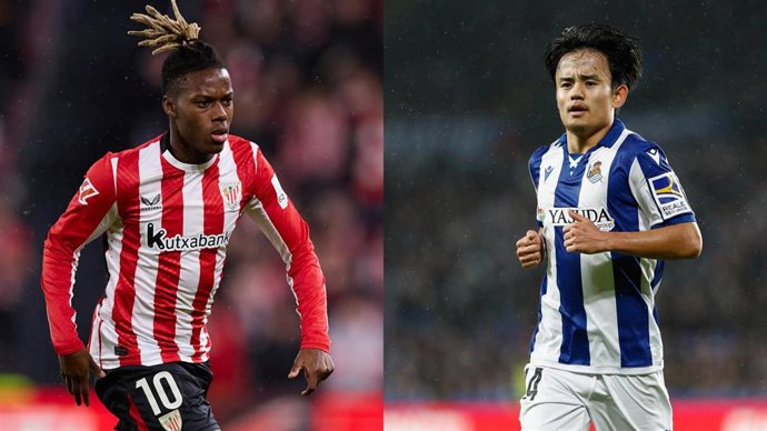 El jugador del Athletic Club Nico Williams y el de la Real Sociedad Take Kubo.