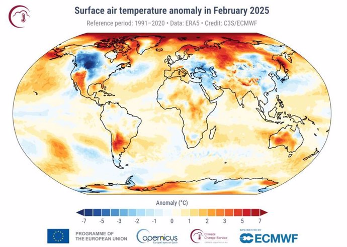 Anomalía de temperaturas de febrero de 2025