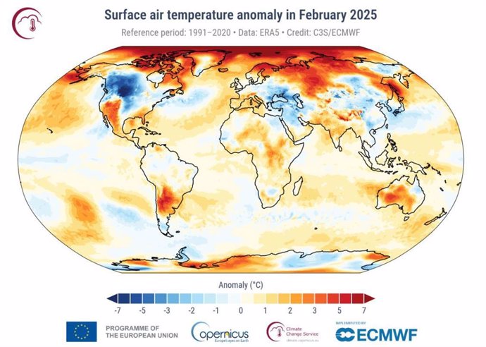 Anomalia de temperatura em fevereiro de 2025