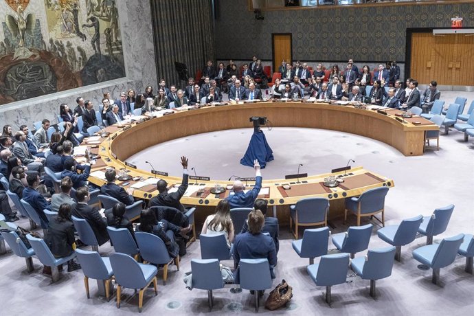 February 24, 2025, New York, New York, USA: Ambassadors of United States, China, Russia, Algeria, Guyana, Republis of Korea, Sierra Leone, Pakistan, Panama, Somalia vote in favour of resolution proposed by US during Security Council meeting on draft resol