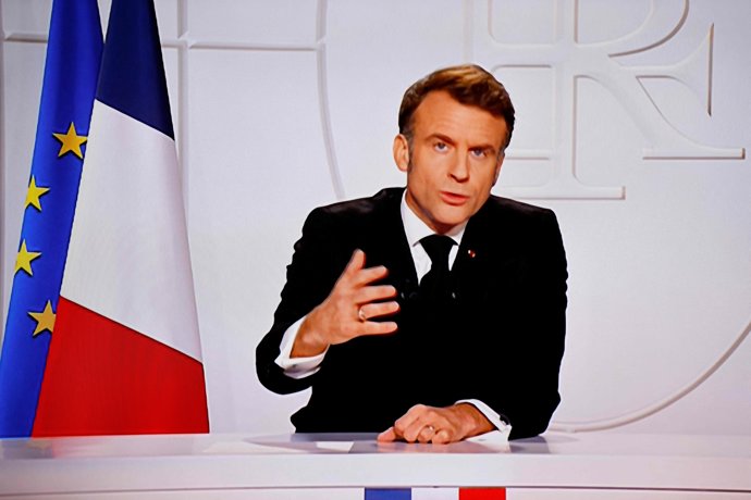 05 March 2025, France, Paris: France's President Emmanuel Macron addresses the French people in a televised speech about the war in Ukraine. Photo: Ludovic Marin/AFP/dpa