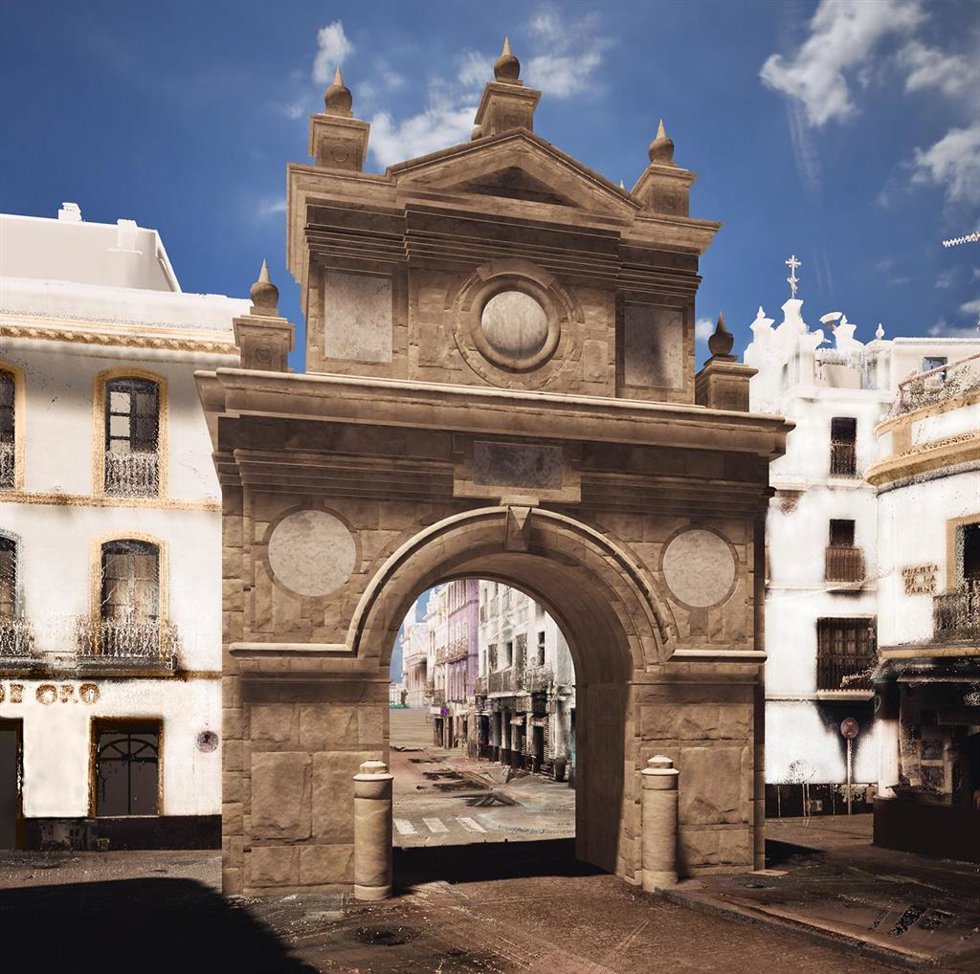 Reconstrucción de la Puerta de la Carne en su entorno actual a partir de la obra de Gaudin Frres