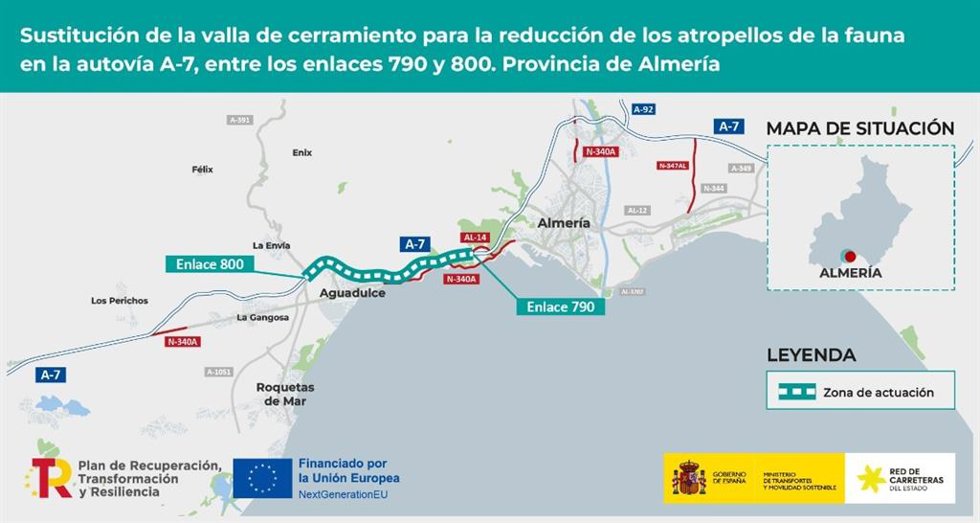 Mapa sobre la actuación para la sustitución de vallas en la A-7 a su paso por Almería.