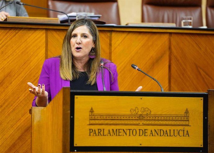 La diputada socialista Irene García, este jueves en el Pleno del Parlamento en la defensa de la PNL.